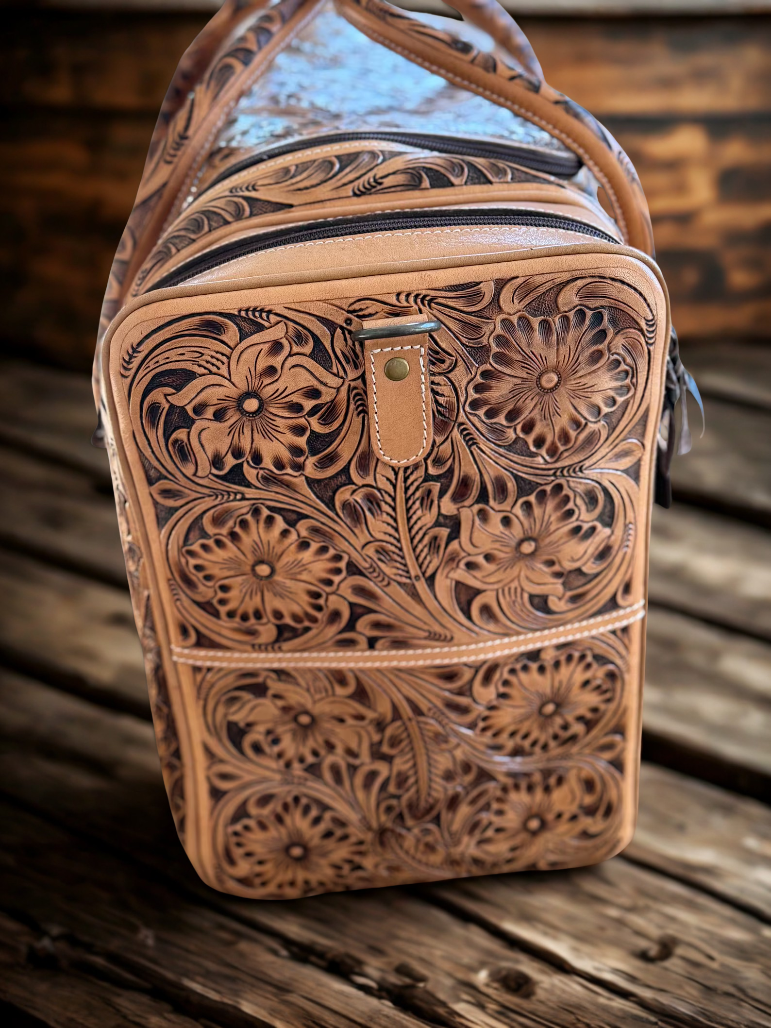 Barcelona Tooled Leather Duffel Bag : Natural Leather Western Handbags